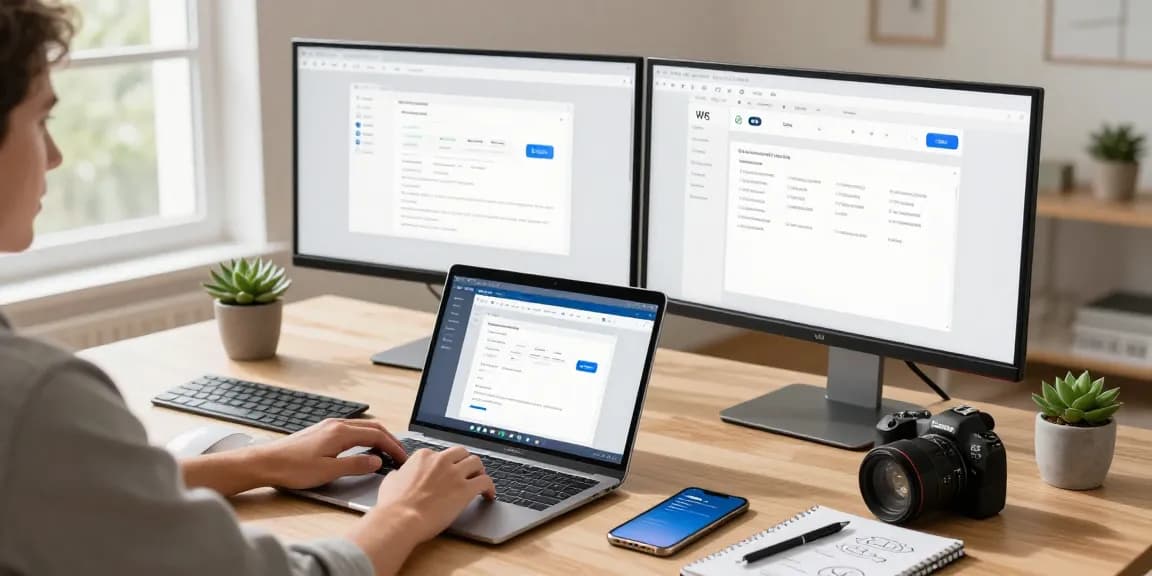 WPS Download page displayed on a laptop in a bright home office workspace.