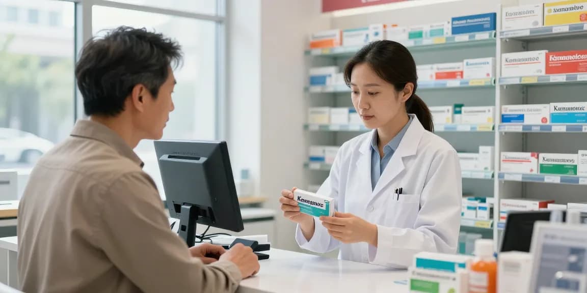 Pharmacist and customer discussing kamagra kaufen schweiz options in a well-organized pharmacy setting.