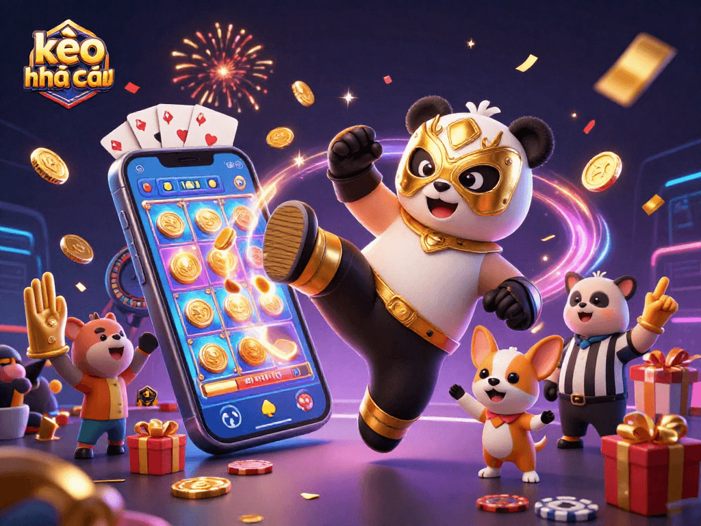 Experience kèo nhà cái excitement with a cartoon panda wrestling and playful scenes filled with betting elements