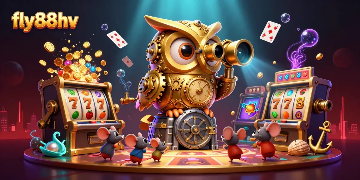 Experience captivating gameplay at fly88hv with a golden owl overseeing thrilling slot action.