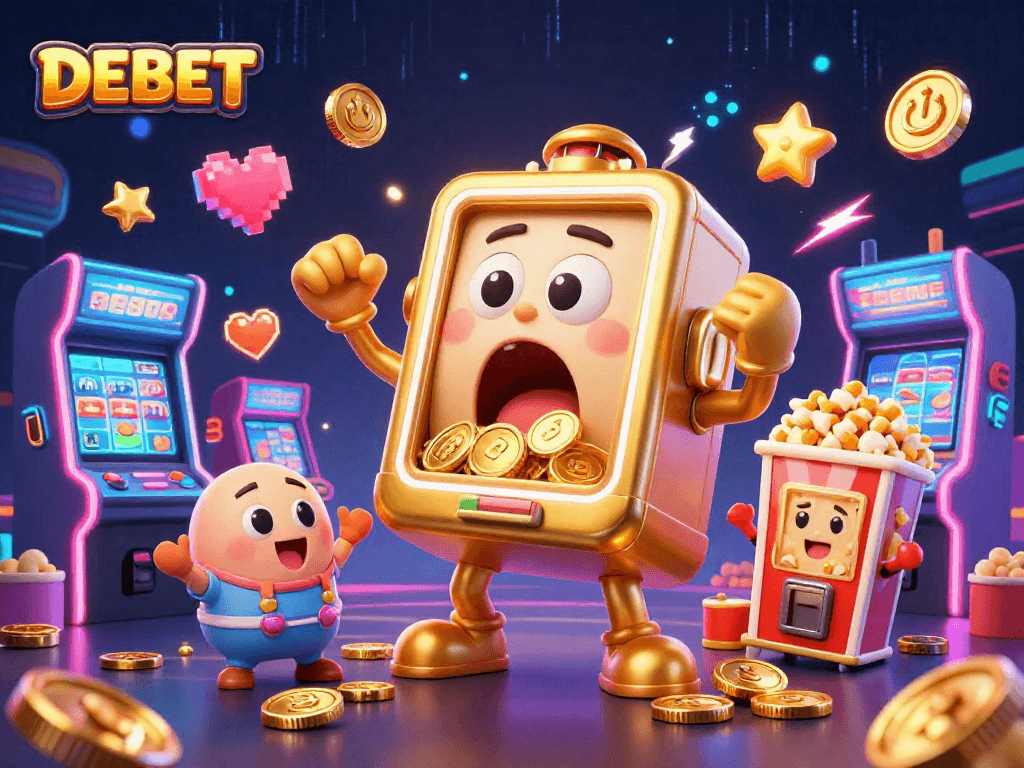 DEBET slots come alive with golden machines celebrating jackpots in a vibrant casino scene.