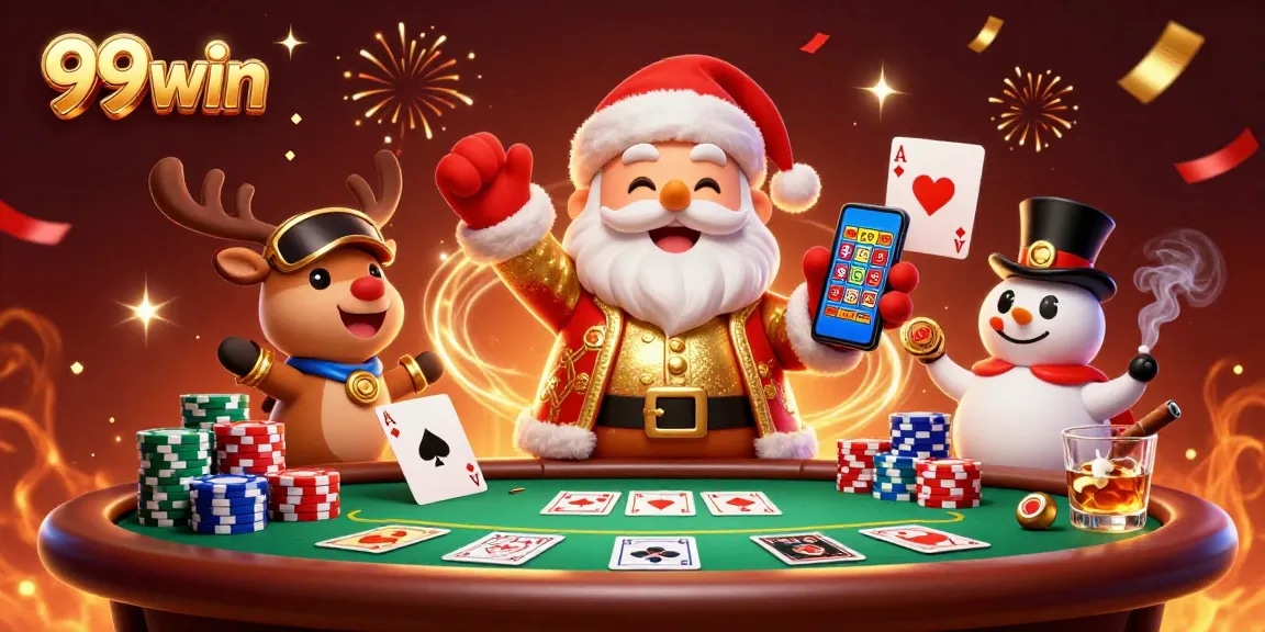Experience the excitement of 99win with a vibrant casino scene featuring Santa and friends.
