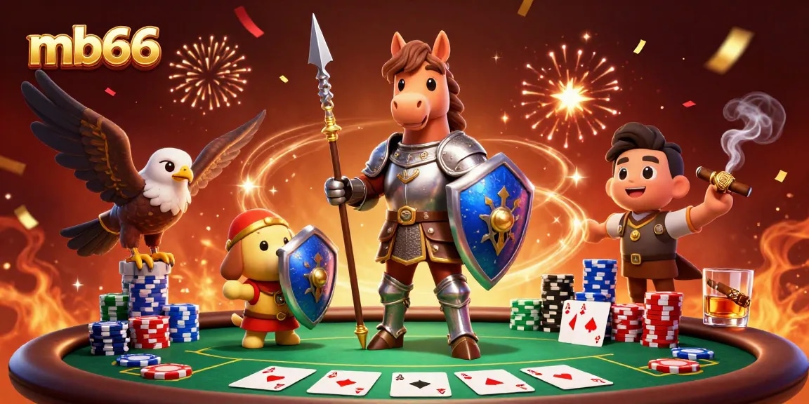 Experience poker excitement at mb66 with a knight, squire, and falcon in a festive casino scene.