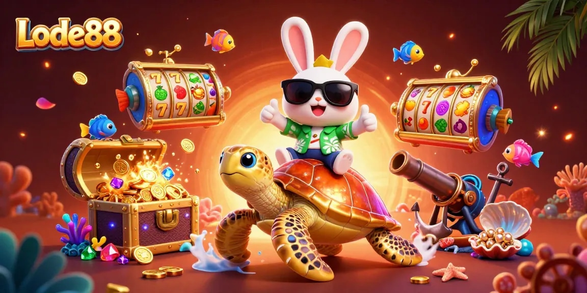 Lode88 brings thrilling fun as a lucky rabbit rides a golden sea turtle amidst dazzling casino treasures.