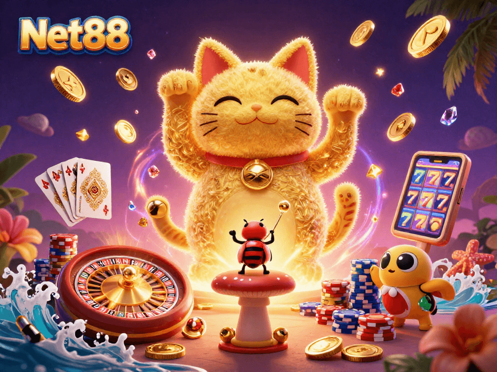 Engage with Net88's mesmerizing scene of a lucky cat with casino symbols and vibrant game elements.