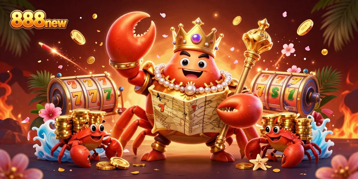 Engage in thrilling gameplay at 888new with a golden crab emperor and exciting slot reels.