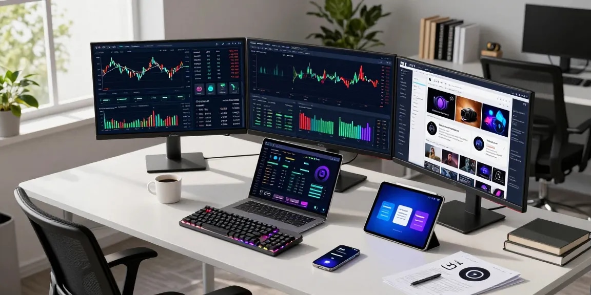 Flingeverx Bot optimizing cryptocurrency trading with advanced analytics and secure wallets in a modern workspace.