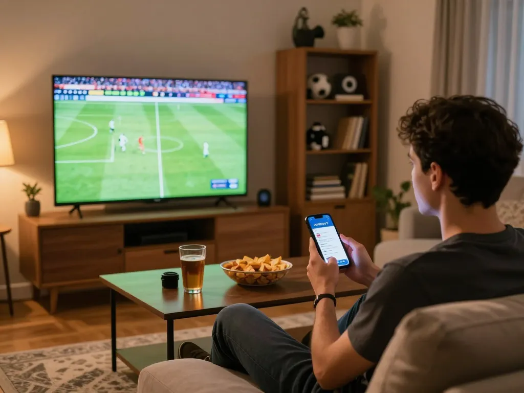 CakhiaTV user enjoying live sports betting at home, smartphone in hand, vibrant atmosphere.