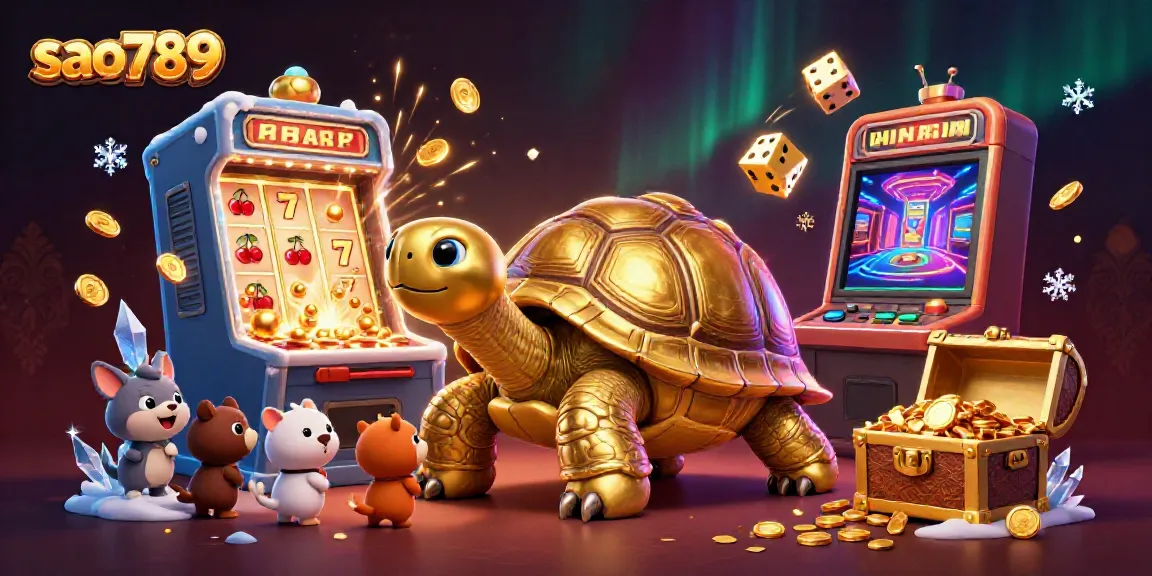 Experience the thrilling world of sao789 featuring a golden tortoise pinball machine amidst jackpot excitement and dynamic casino elements.