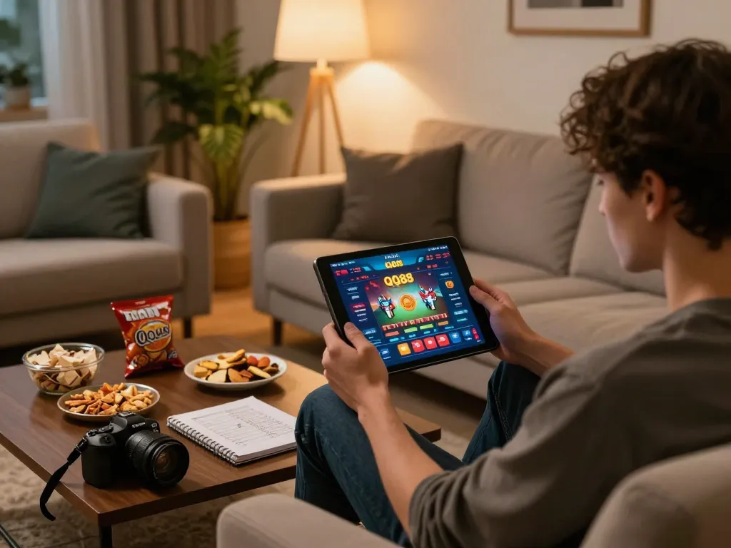 Engaging in responsible online gaming on QQ88 app while relaxing at home.
