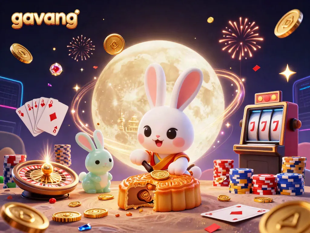 Engage in thrilling gaming with Gavang's rich casino scene featuring a lunar rabbit and vibrant elements.