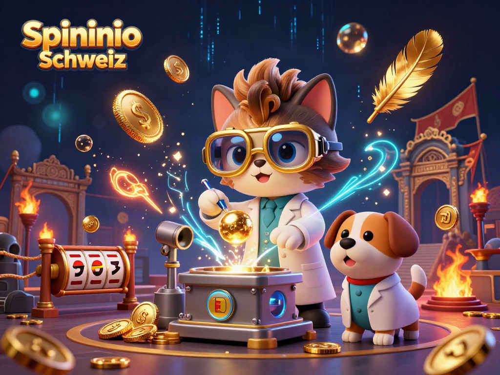 Spininio Schweiz: Ein spannendes Online-Casino-Konzept mit bunten Spielautomaten und lebhaften Charakteren.