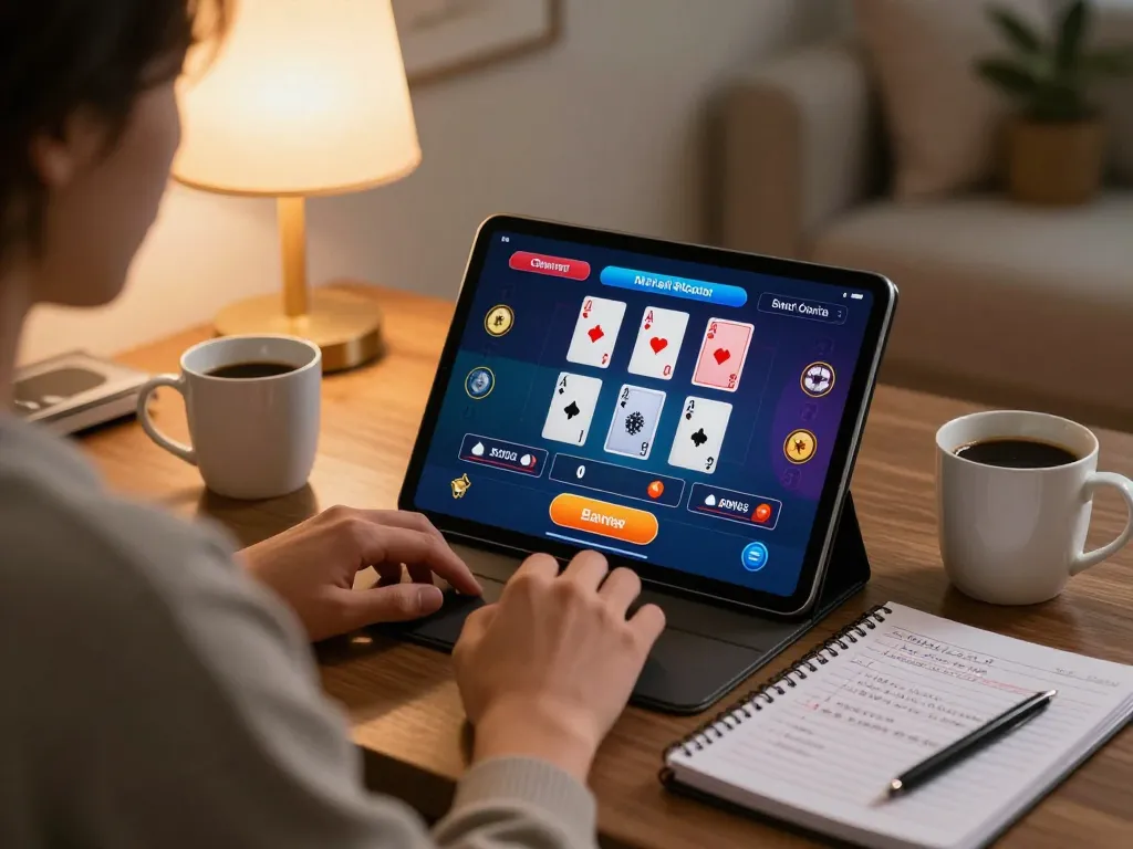 Jun88 player enjoying an online blackjack game on a tablet with strategies written down.