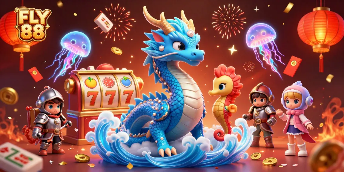 Engage in FLY 88's dynamic atmosphere with dragons, slot reels, and festive energy