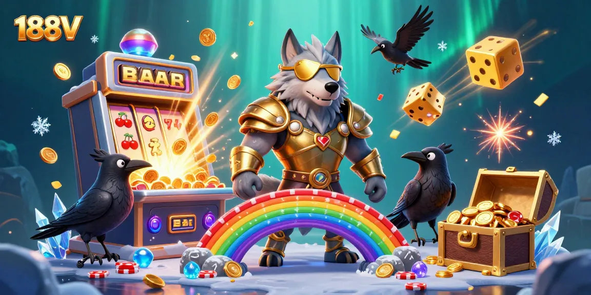 Experience the thrilling world of 188V with a vibrant Norse mythology scene showcasing casino elements.