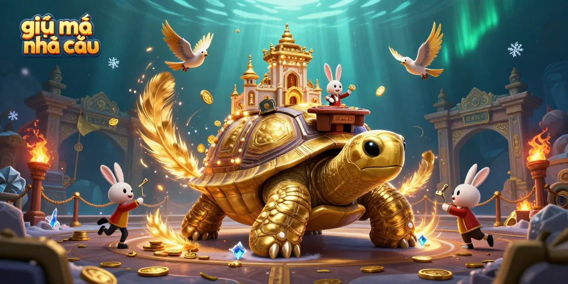 Engage with giải mã nhà cái through a vibrant illustration of a golden tortoise casino with dynamic elements.
