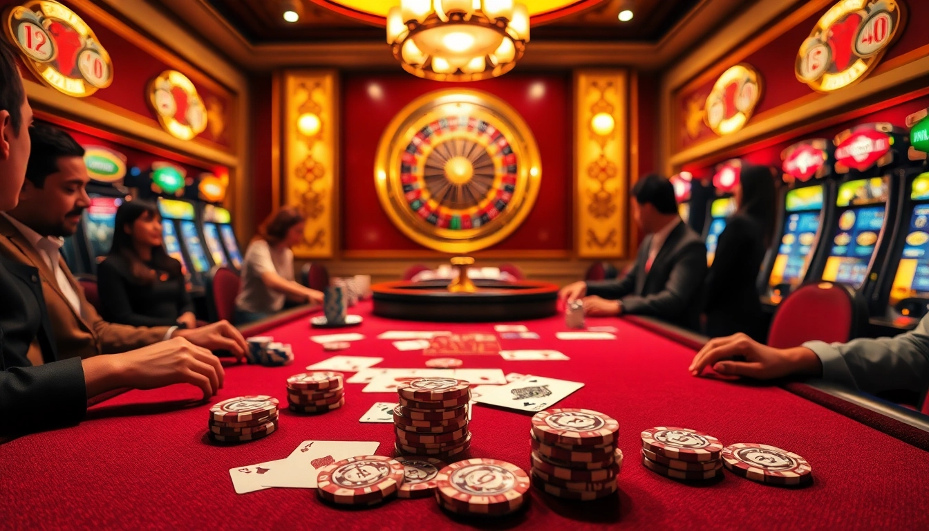 Excited players engaging at a luxurious poker table in a casino setting featuring CM88.
