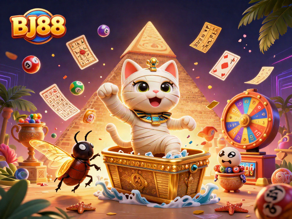 BJ88 unleashes excitement with a vibrant casino scene featuring a cartoon mummy cat and dynamic game elements.