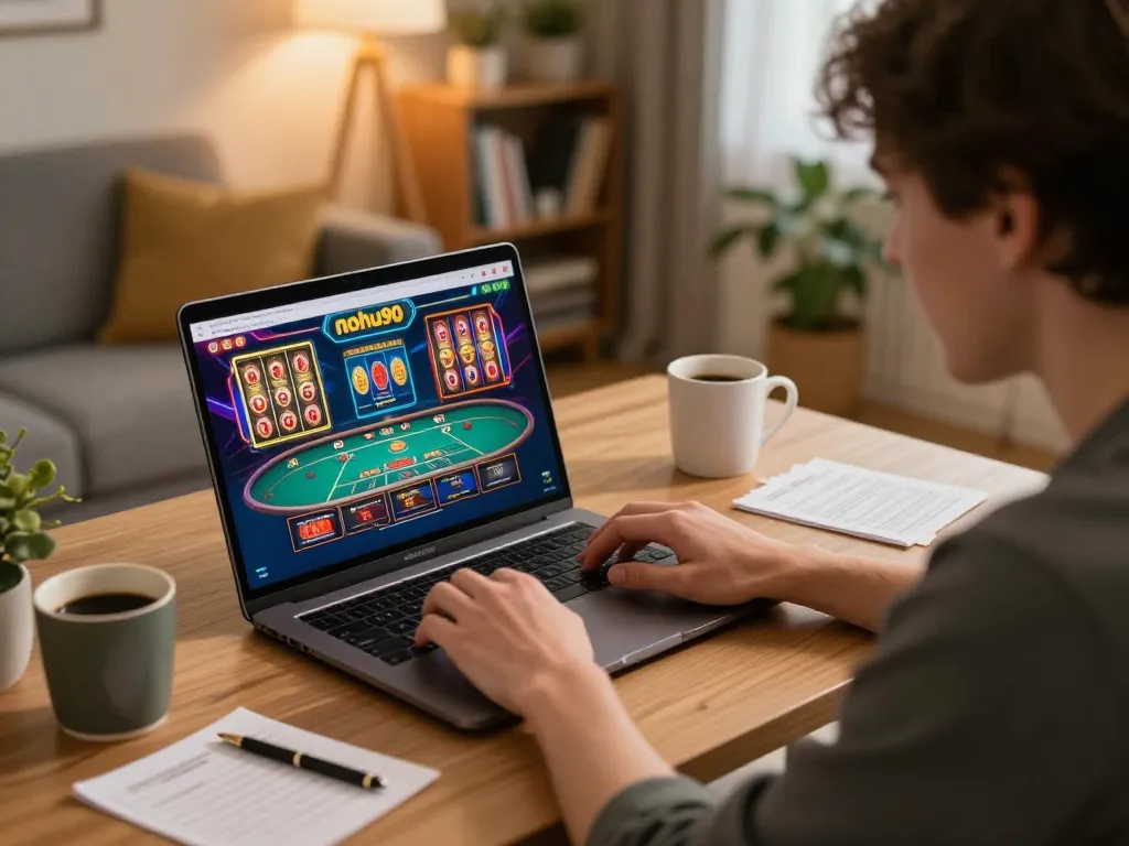 Playing exciting nohu90 casino games on a laptop in a cozy home setting, showcasing online gaming strategy