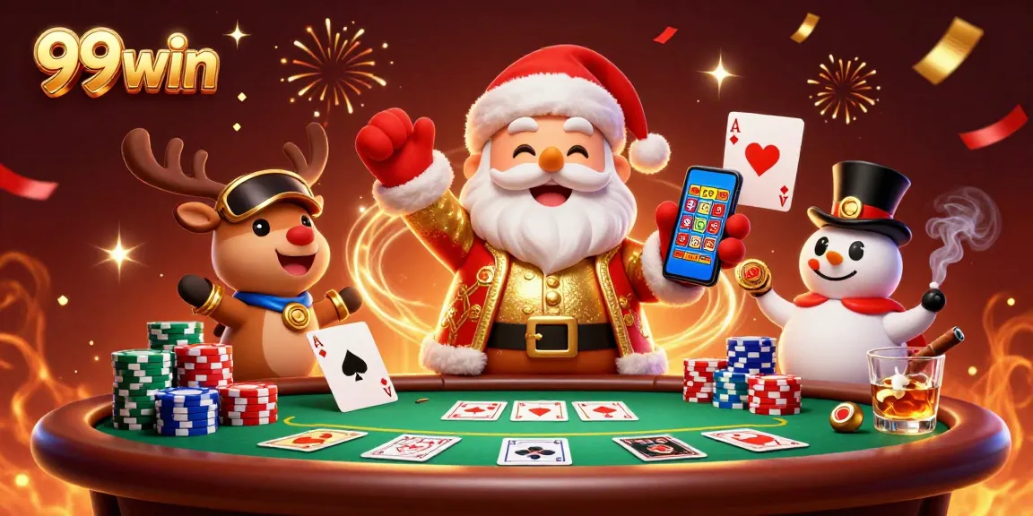 Experience the excitement of 99win with a vibrant casino scene featuring Santa and friends.