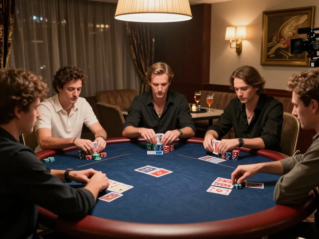 Players engaged in a high-stakes poker game at cm88casino, chips and cards in an elegant setting.