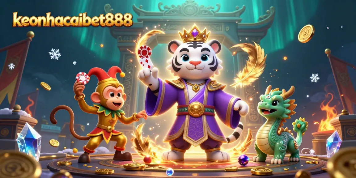 Win big at keonhacaibet888 with the elegant white tiger and lucky monkey amidst vibrant casino action.