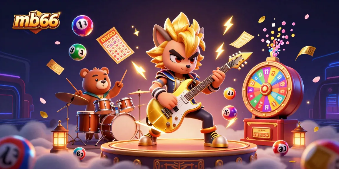 Engage with mb66's lively casino atmosphere featuring a rock star wolf and a drummer bear in action.