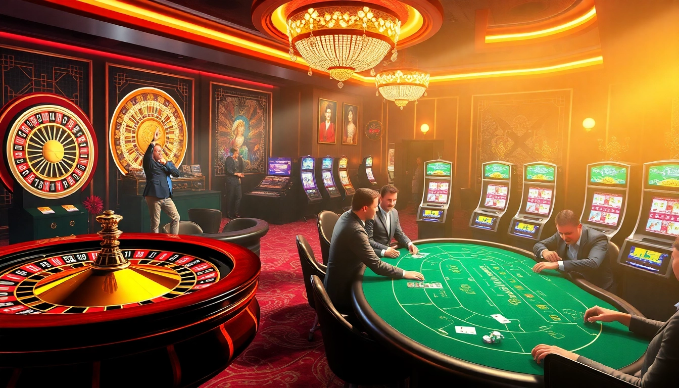 F168 players celebrating at an exciting casino casino featuring roulette, poker tables, and vibrant slot machines.