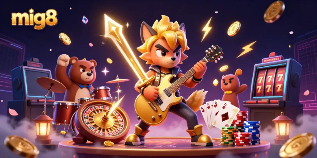 A dynamic illustration of mig8 featuring a rock star wolf and drummer bear amidst casino elements like slots and poker.