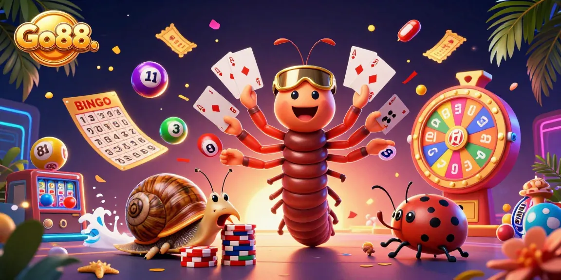 Pushing chips at Go88. A lively 3D scene with colorful lottery balls and vibrant casino elements.