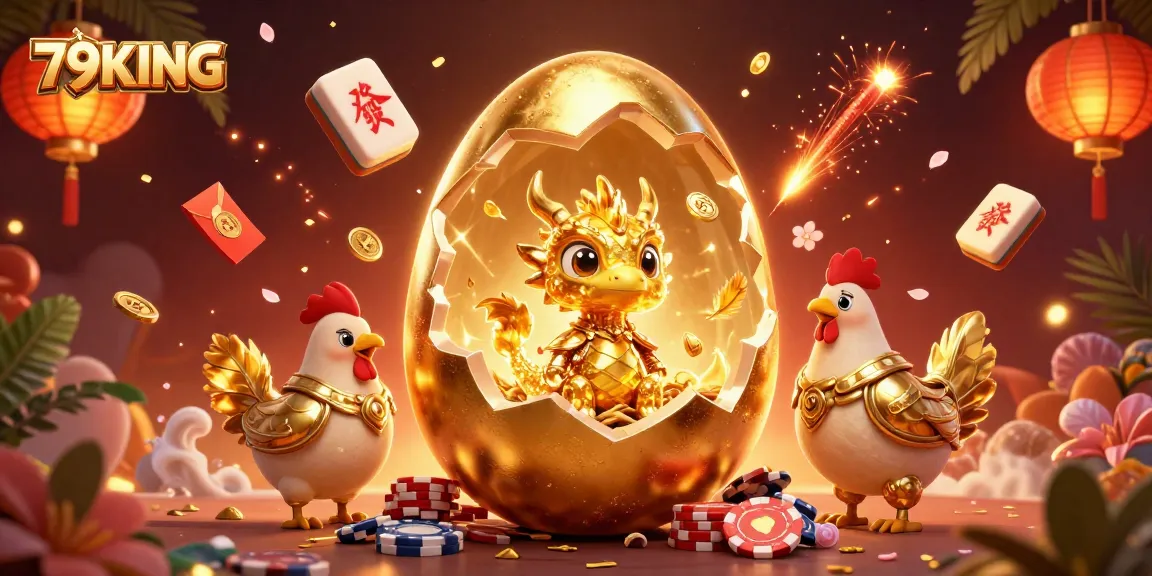 Win big with 79KING's golden dragon-themed poker chip game scene, vibrant and festive.