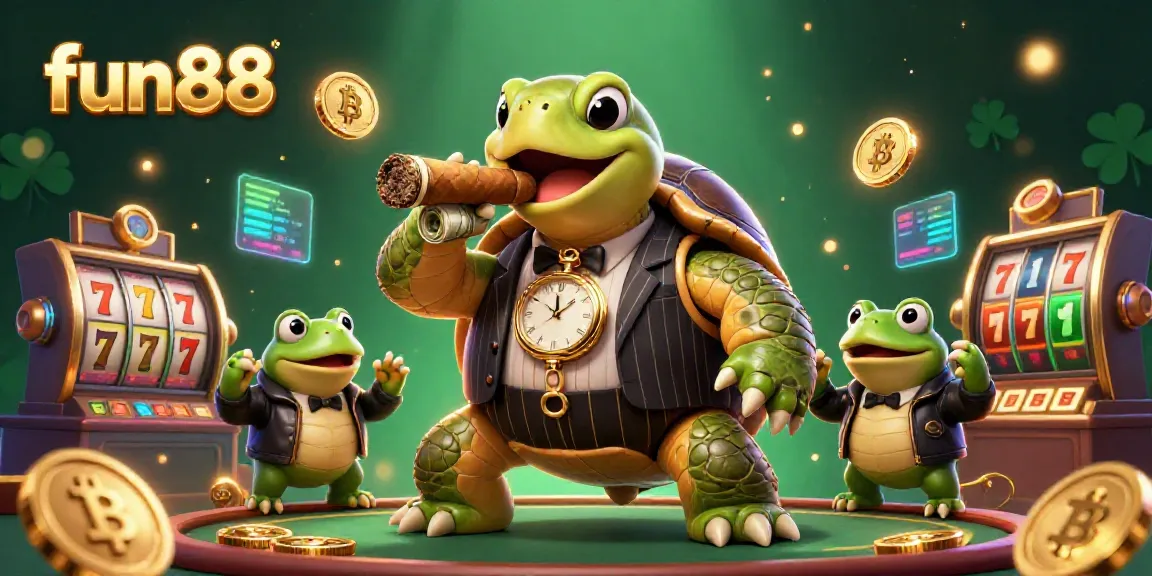 Engage with fun88 as a cartoon turtle and bullfrogs celebrate jackpot wins in a lively casino.