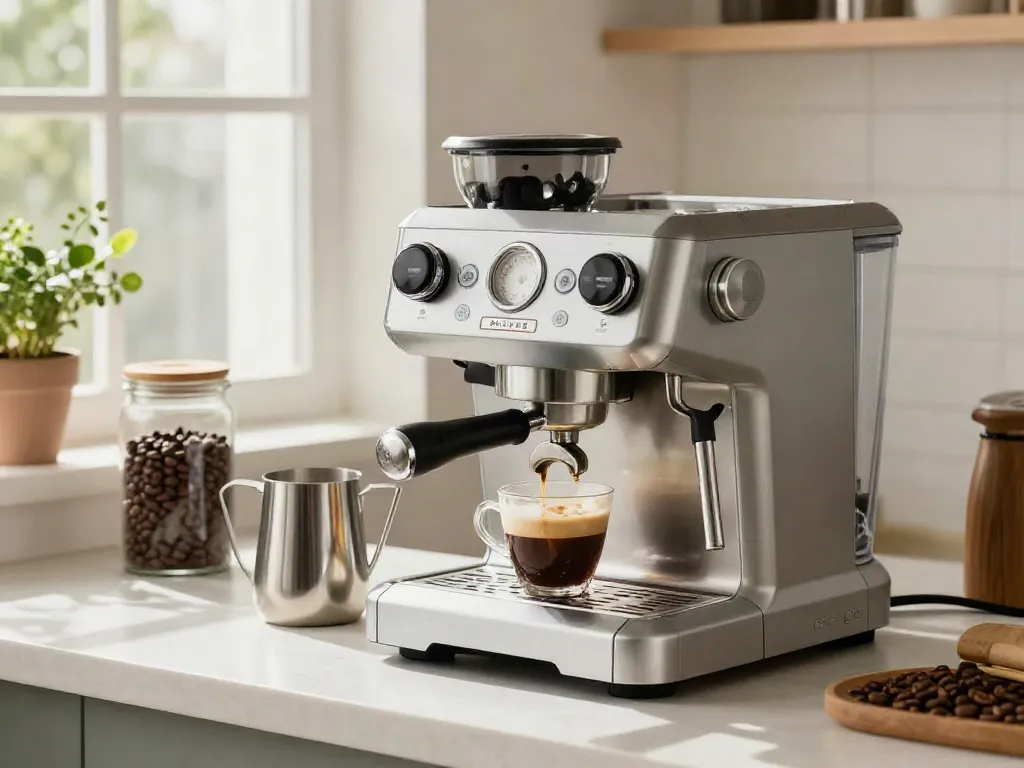 ROKOK88 espresso machine in a stylish kitchen preparing fresh espresso.