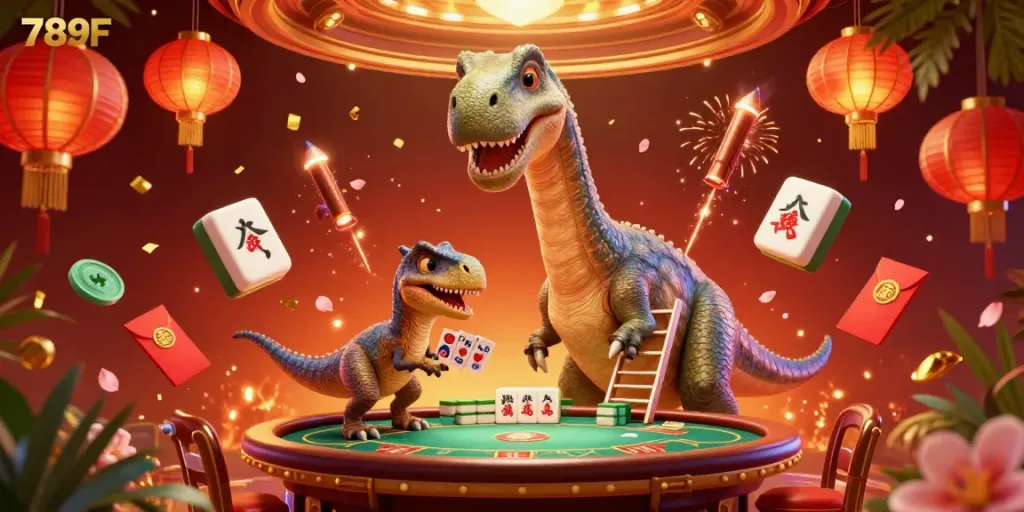 Experience vibrant fun at 789F casino with a tall brontosaurus and clever raptor in action.