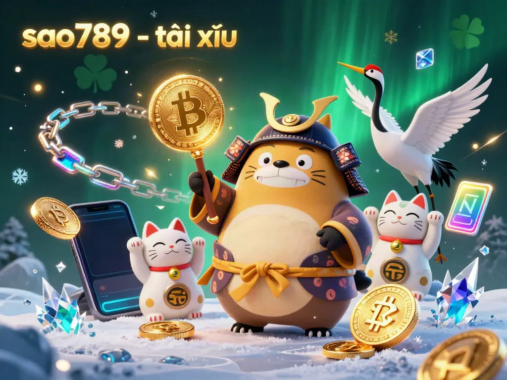 Engage with sao789 - tài xỉu in vibrant, cartoonish 3D illustration featuring a tanuki, crane, and fortune cats amidst swirling crypto elements.