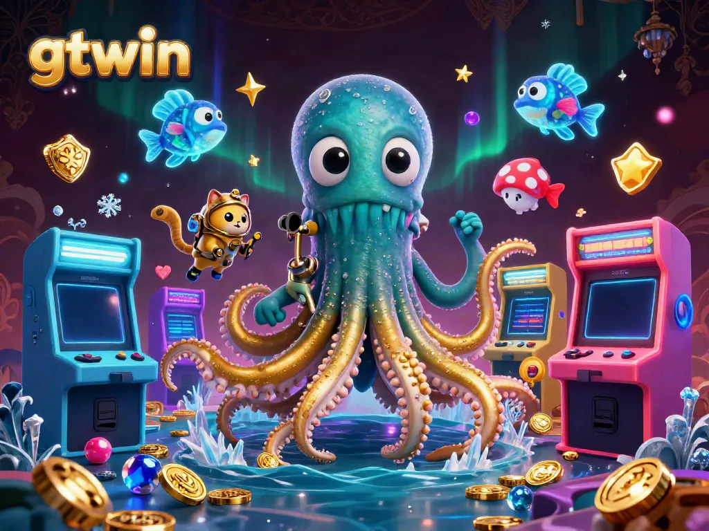 Experience the excitement of gtwin's treasure-filled ocean scene, featuring a kraken, diving cat, and gaming elements.