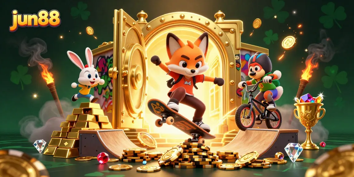 Experience thrilling gameplay at jun88 with dynamic casino symbols and vibrant characters in a vibrant 3D illustration.