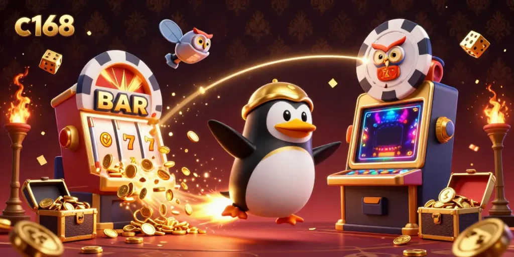 Engage with the thrilling universe of c 168 as a golden penguin zooms toward a poker chip casino, surrounded by dazzling slot machine elements.
