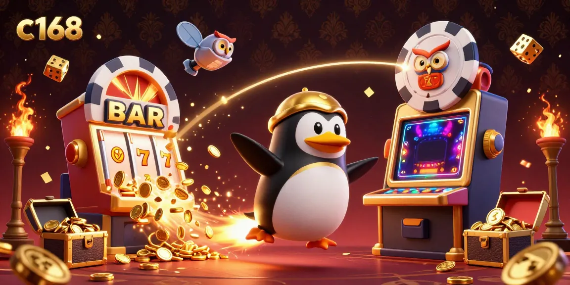Engage with the thrilling universe of c 168 as a golden penguin zooms toward a poker chip casino, surrounded by dazzling slot machine elements.