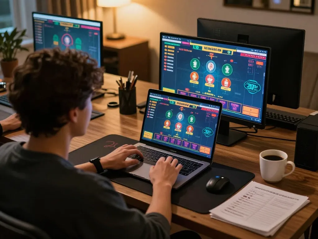 Engaging in an online casino game at home with TR88, showcasing a dynamic gaming setup and strategy approach