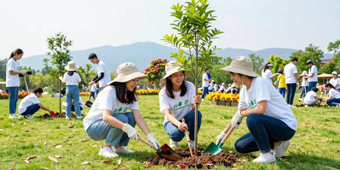 IVQ volunteers planting trees in a vibrant community garden, showcasing teamwork for sustainability.