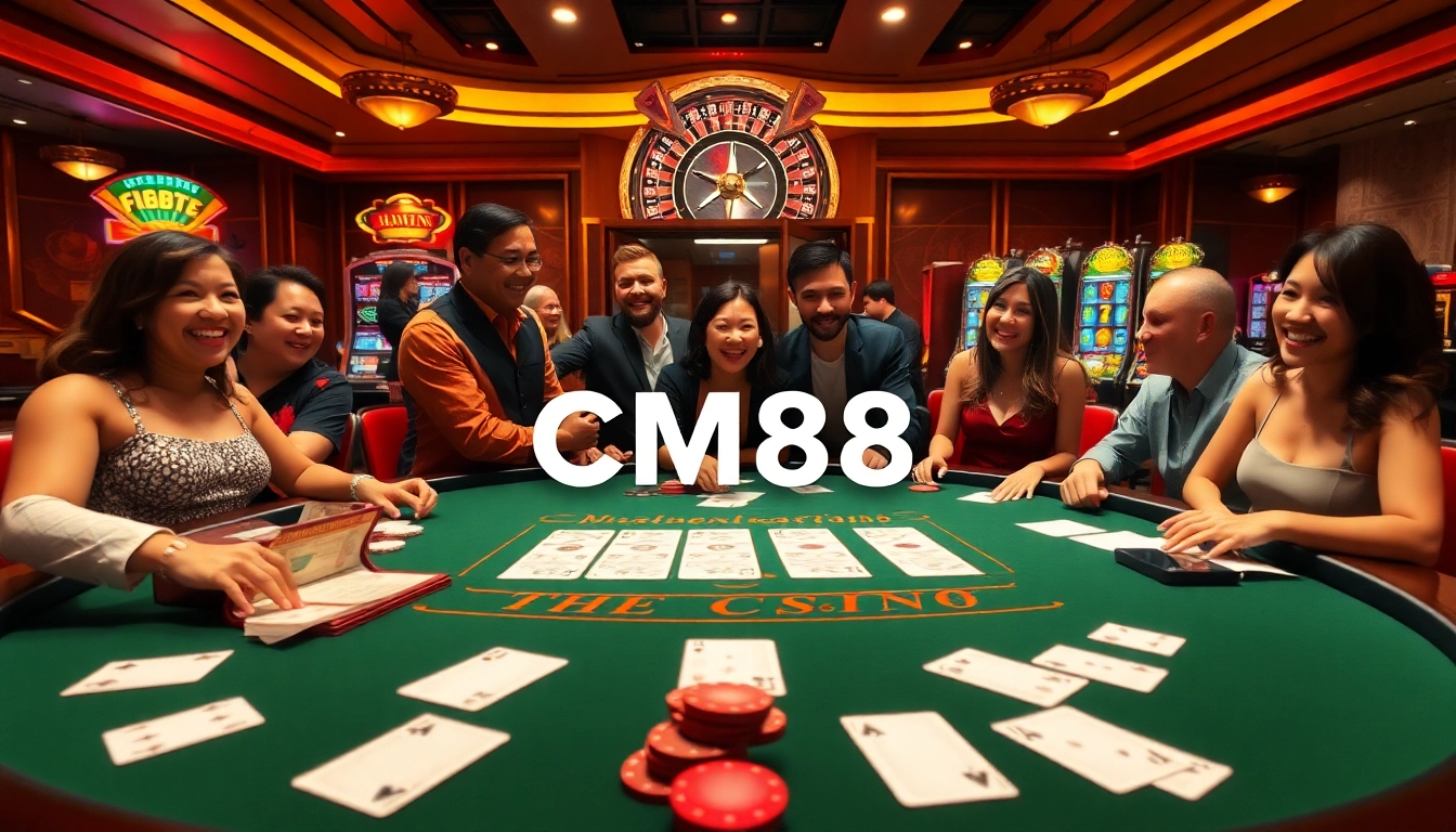 Players wagering at a luxurious CM88 casino table with vibrant slot machines in the background.