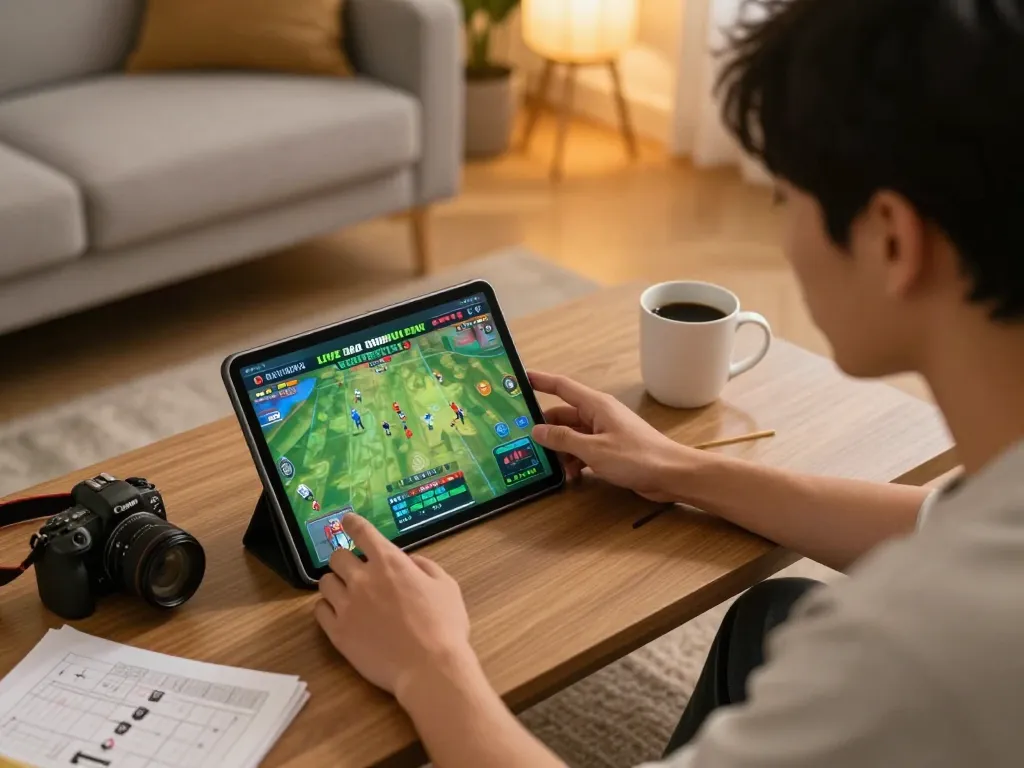Placing bets on đá gà hôm nay with a focused look while watching live streams on a tablet.