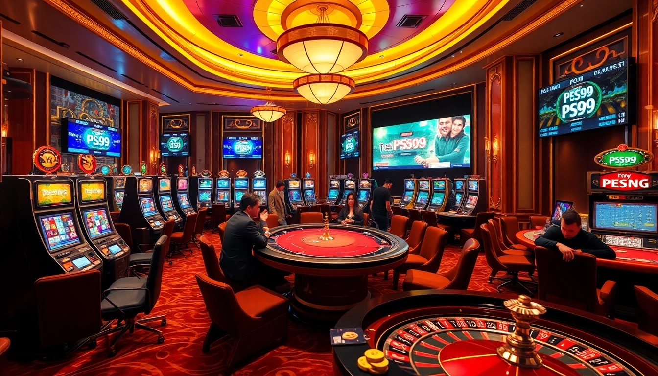 Exciting gambling atmosphere showcasing PS99 with casino tables, poker chips, and vibrant slot machines.