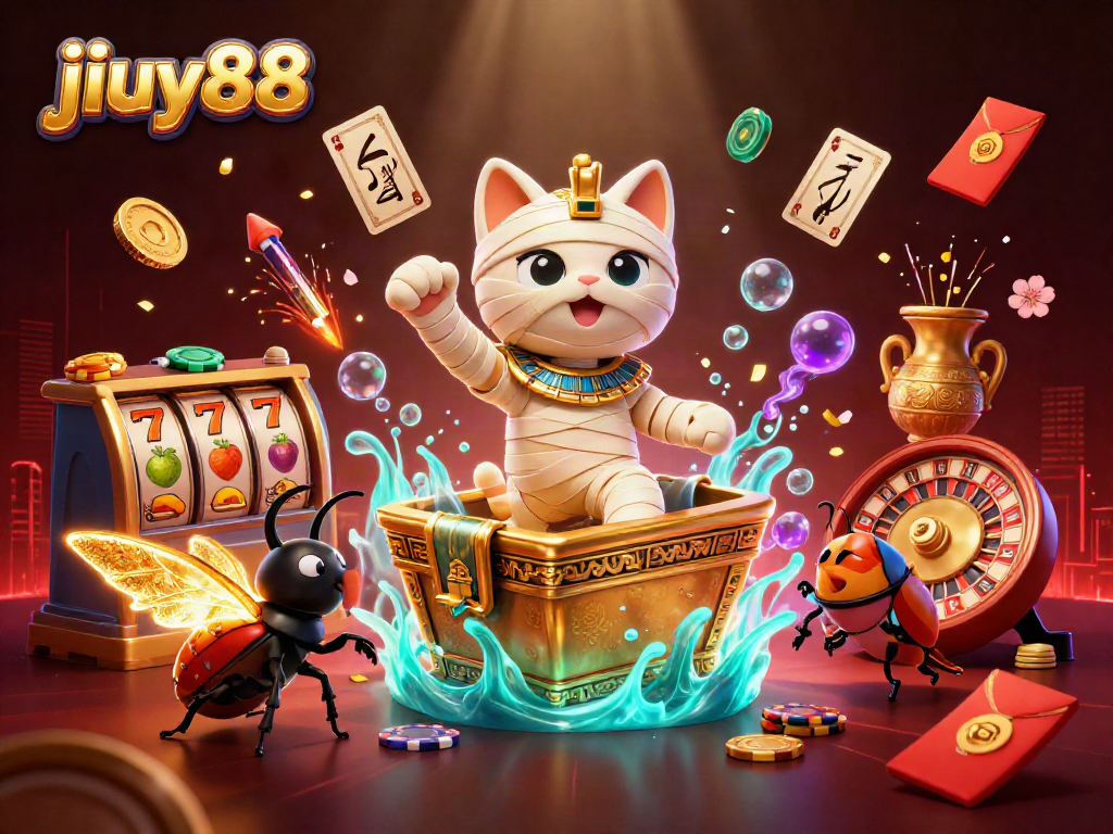 Immerse yourself in the jiuy88 casino excitement with vibrant slots and a captivating mummy cat.