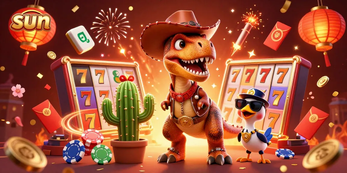 Spin the sun-themed slots with a dynamic T-Rex cowboy amidst poker elements and vibrant confetti.