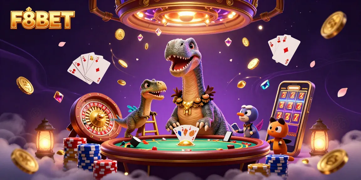 Engage with F8BET as a giant brontosaurus looms in a vibrant casino scene, showcasing excitement.