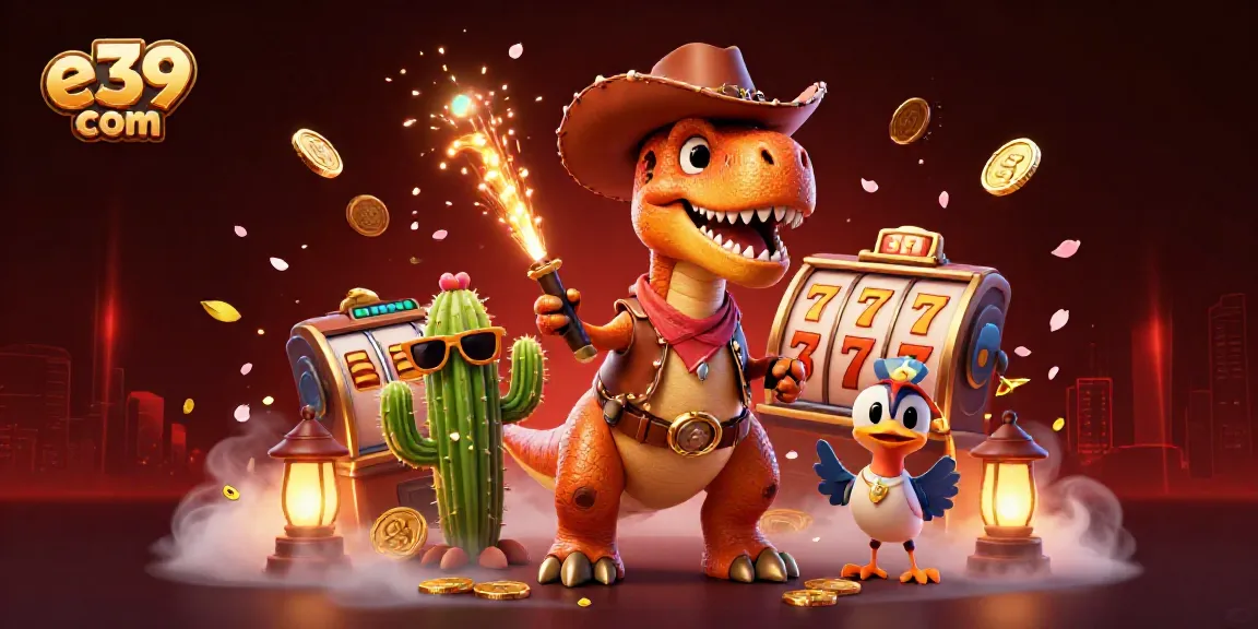 Engage in thrilling action at e39 com with a lively casino scene featuring cartoon characters and vibrant game elements.
