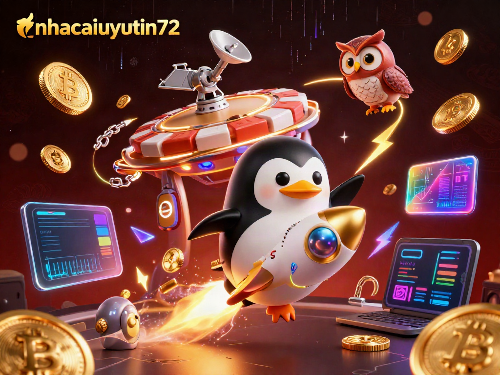 Experience thrilling gaming with nhacaiuytin72, featuring a rocket-powered penguin heading toward a casino station.
