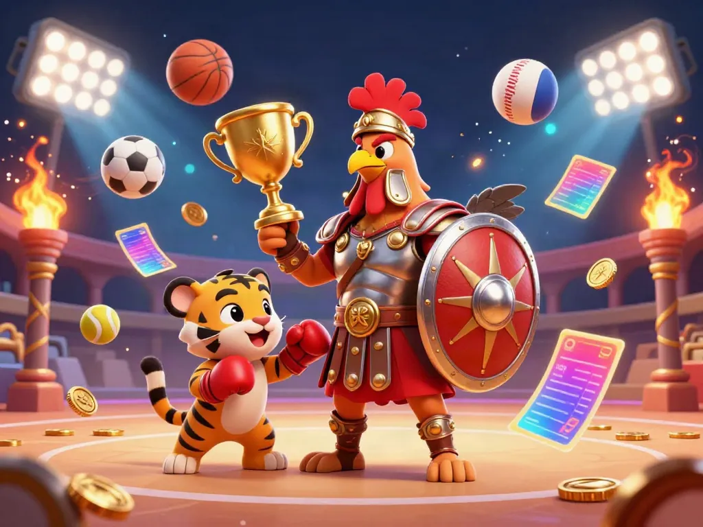 Experience 888win with a dynamic scene featuring a gladiator rooster, tiger cub, and sports elements in a vibrant arena.